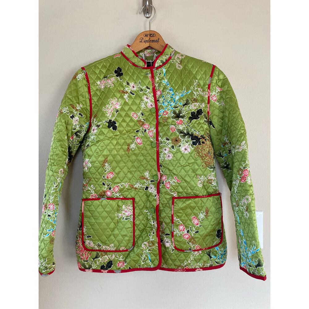 Vintage Anne Carson quilted 100% silk lime green jacket boho Y2K size M
